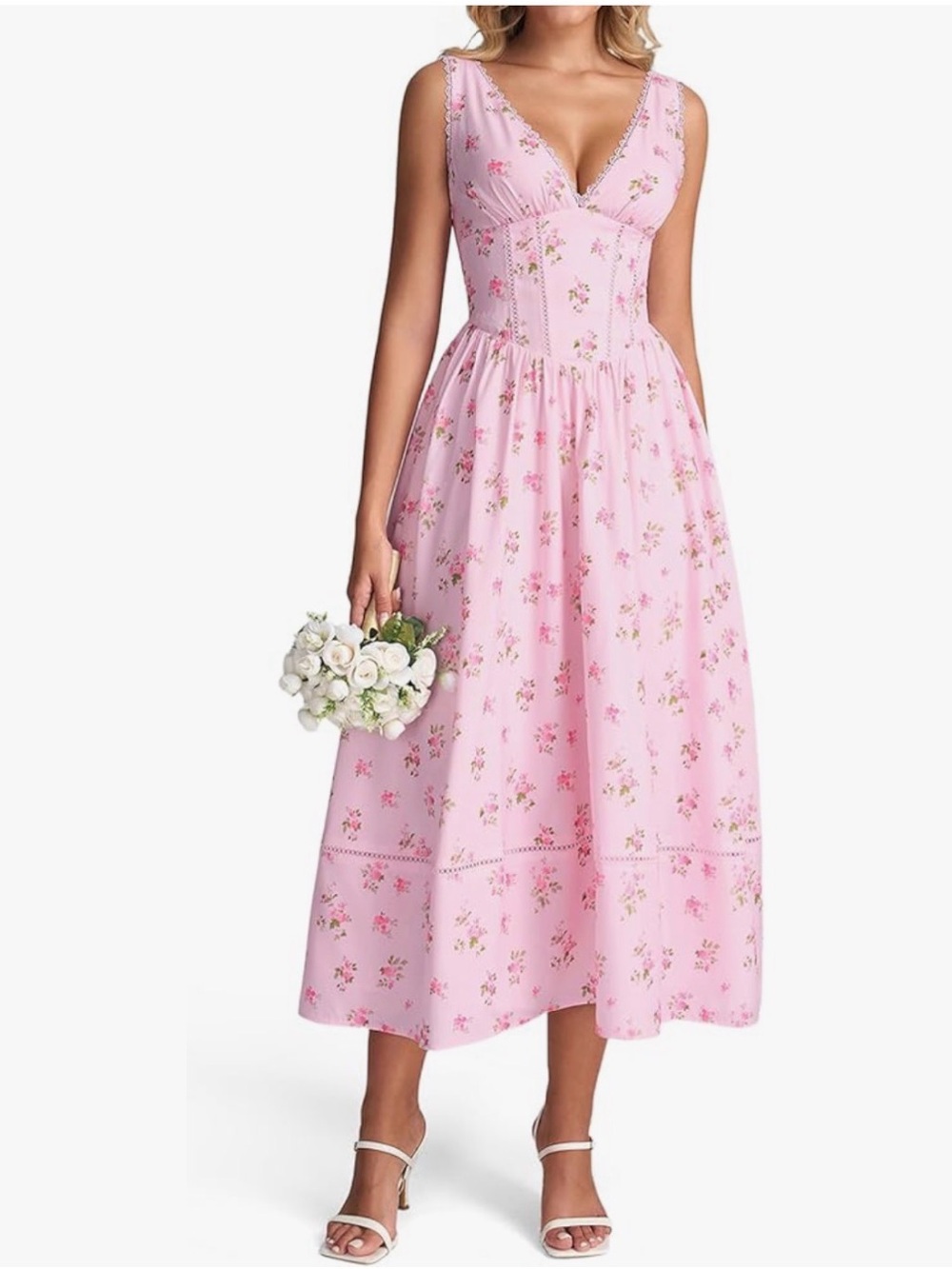 Pink Floral V-Neck Maxi Corset Sleeveless Dress